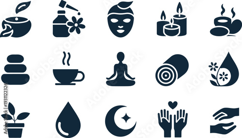 Spa wellness relaxation icons set with massage aromatherapy candles meditation tea skincare oil therapy natural health vector symbols collection isolated design