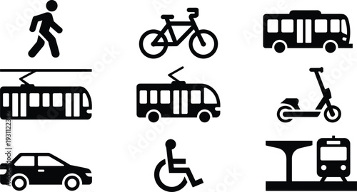 Urban transportation icons set featuring walking bicycle bus tram scooter car wheelchair metro public transit mobility vector symbols isolated design collection