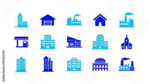 City architecture and urban building icon set in clean blue flat design. Features residential houses, office towers, factories, warehouses, and public buildings.