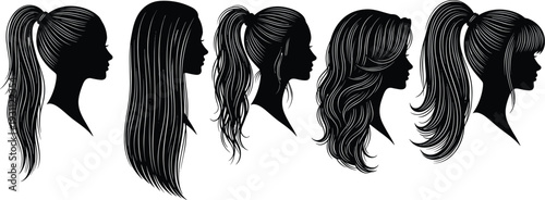 Women Hairstyle Silhouette Collection, Female Profile with Long and Medium Hair Vector Illustration Set