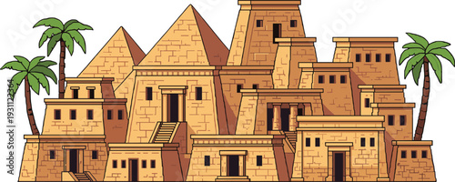 Ancient Egyptian Pyramids and Desert Temple Complex with Palm Trees Historical Architecture Vector Illustration