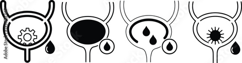 Vector illustration of bladder health icons showing functional issues, fullness, leakage, and infection, representing urinary system conditions for medical education.
