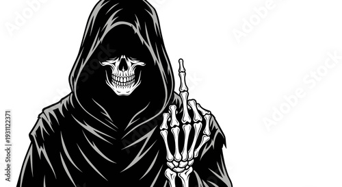 Grim Reaper Skeleton With Middle Finger Gesture, Death Symbol, Dark Art
