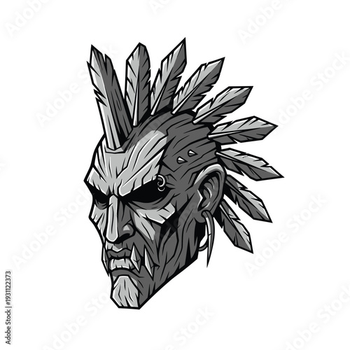 Fierce Tribal Warrior Head Vector Art. Monochrome Mask Logo with Feathers, Piercings, and Tusked Fangs. Aggressive Mascot Design.