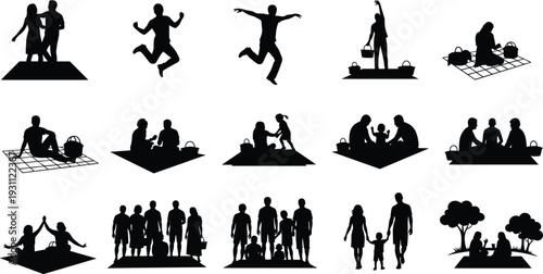 Family Picnic and Outdoor Leisure Silhouette Collection, People Relaxing and Gathering in Park Vector Illustration SetFamily Picnic and Outdoor Leisure Silhouette Collection
