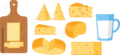 Vector illustration of assorted cheese varieties with milk glass, dairy products collection, food nutrition concept, gourmet cheese assortment, healthy eating design.