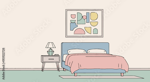 Bedroom with Bed and Artwork Display.