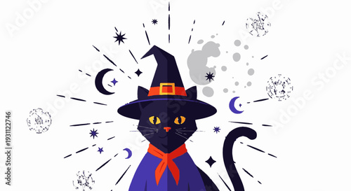 Black Cat in Witch Hat and Cloak.