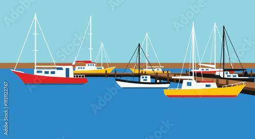 Boats Docked in Harbour with Sails.