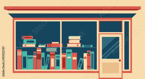 Bookstore Window Display with Books and Door.