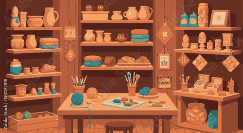 Ceramic Studio with Pottery and Supplies.