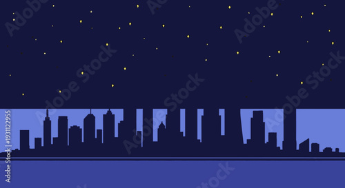 City Skyline Silhouette at Night with Stars.