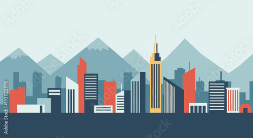 City Skyline with Modern Buildings and Mountains.