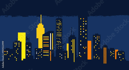 City Skyline with Brightly Lit Skyscrapers.