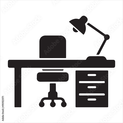 Black silhouette of a desk with a chair and a lamp on a light gray background office furniture