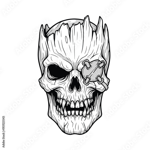 Aggressive Skull with Metal Eyepatch and Sharp Teeth Illustration - Dark Grunge, Tattoo Style Vector Art