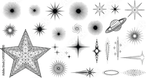 Abstract Radiating Starburst and Sparkle Light Effects with Geometric Wireframe Star Vector Elements Isolated on White Background