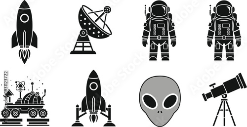 Space Exploration Icon Set with Rocket Astronaut Satellite Telescope Alien and Mars Rover Silhouettes Isolated on White Background