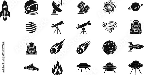 Space Exploration Silhouette Icon Set with Rocket Astronaut Satellite Planet UFO Meteor and Galaxy Vector Illustration