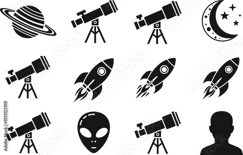Space Exploration Silhouette Icon Set with Rocket Telescope Planet Moon Alien and Astronomy Symbols Vector Illustration