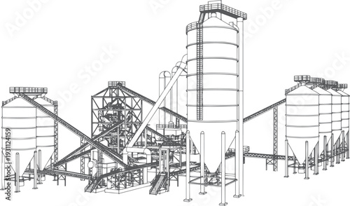 Cement Manufacturing Plant Vector Black Line Art Illustration with Silos Crushers and Belt Conveyors Heavy Industrial Machinery Cement Factory Infrastructure Engineering Industry