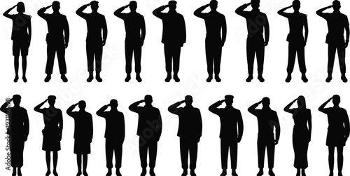 Military and civilian people silhouettes set, men and women in salute pose isolated on white background, armed forces respect vector illustration collection