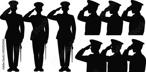 Military officer silhouettes saluting in uniform, army personnel front and side profile views vector illustration isolated on white background