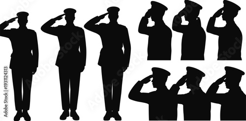 Military officer silhouettes saluting in uniform, army personnel front and side view profiles vector illustration isolated on white background