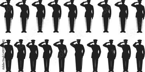 Military officer silhouettes saluting in uniform, disciplined army personnel standing in respect pose vector illustration isolated on white background