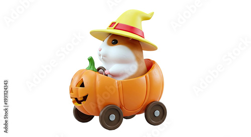 Hamster in a Witch Hat Driving a Pumpkin Car