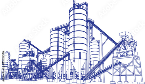 Cement Manufacturing Plant Vector Black Line Art Illustration with Silos Crushers and Belt Conveyors Heavy Industrial Machinery Cement Factory Infrastructure Engineering Industry