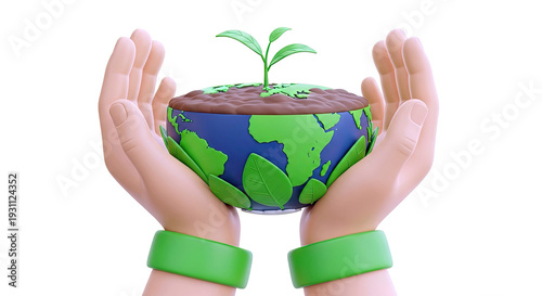 Hands holding Earth with seedling