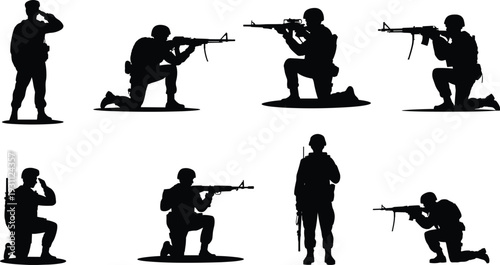 Military soldier silhouettes in combat poses with rifles, kneeling and standing tactical army cad drawing flat vector illustration