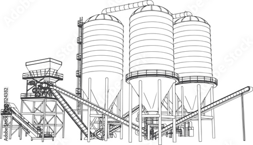 Cement Manufacturing Plant Vector Black Line Art Illustration with Silos Crushers and Belt Conveyors Heavy Industrial Machinery Cement Factory Infrastructure Engineering Industry