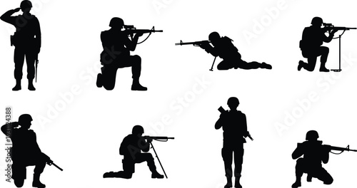 Military soldier silhouettes in tactical action poses with rifles and sniper positions, army combat kneeling aiming saluting vector illustration set