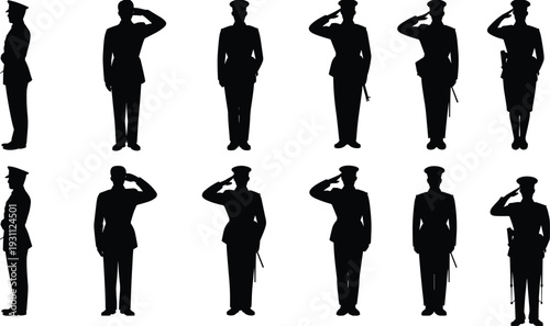 Police and military officer silhouettes saluting in formal uniform poses, law enforcement ceremonial respect vector illustration collection
