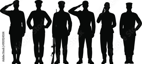 Police and military officer silhouettes standing in uniform with salute and rifle poses, law enforcement security vector illustration set