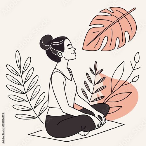 A serene woman meditating peacefully amidst lush green foliage, embodying calm and mindfulness in a tranquil natural setting