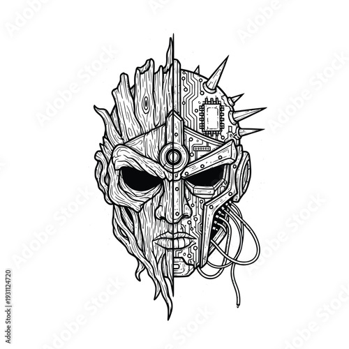 Biomechanical Duality Mask Illustration: Organic Wood and Robotic Circuitry Fusion