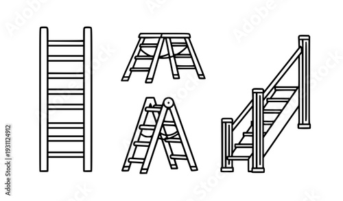 Ladder and Staircase Line Icon Set Including Step Ladder, Extension Ladder, and Stairs Symbols for Construction, Safety, Architecture, and Industrial Design Projects