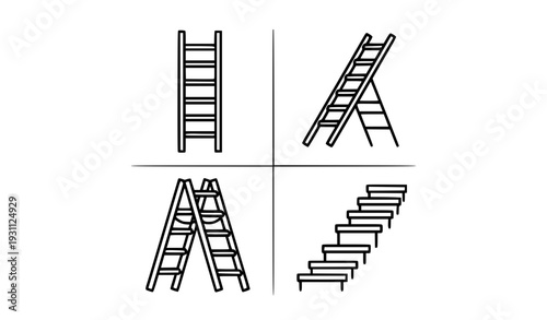Ladder and Staircase Icon Set with Step Ladder, Extension Ladder, Folding Ladder, and Stairs Symbols for Construction, Safety, and Home Improvement Designs