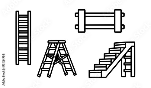 Ladder and Staircase Outline Icon Set with Step Ladder, Fixed Ladder, and Stair Symbols for Construction, Safety, Home Improvement, and Access Designs