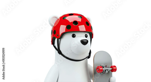 Polar Bear Character with Skateboard and Ladybug Helmet