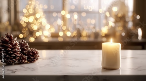 Christmas background of marble table top with abstract warm living room decor, ideal for holiday home themes and festive designs. The marble and decor add luxury and coziness to compositions.