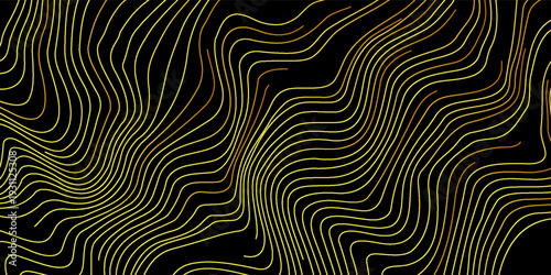 Vector abstract brush stroke wavy lines flowing smooth curve gold light gradient isolated on black background in concept of luxury, technology, science, music, modern