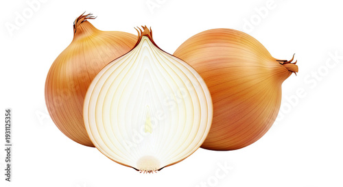 Two whole onions and one half onion on a white background
