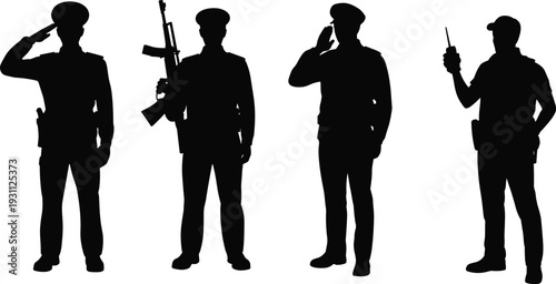 Police officer and military soldier silhouettes saluting and holding rifle and radio, security forces uniform vector illustration set