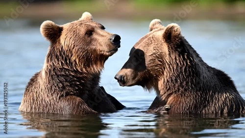 Two brown bears tenderly touching noses in water