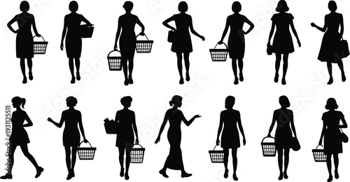 Women shopping silhouettes vector illustration set, female customers carrying baskets and handbags, retail consumer lifestyle isolated on white backgroundWomen shopping silhouettes 