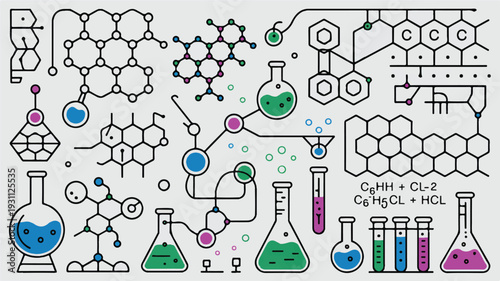 High-tech nanochemistry vector illustration, minimalist silhouette style with bold outlines, sharp and clean on white.